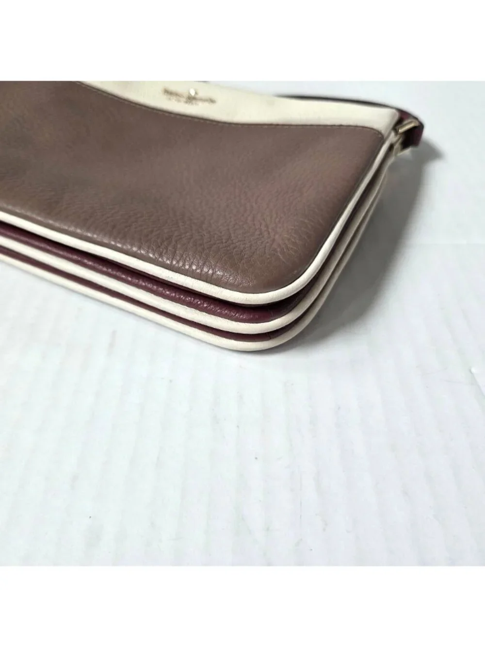 Kate Spade Purse Jackson Triple Gusset Neutral Cream Brown Leather Crossbody Bag